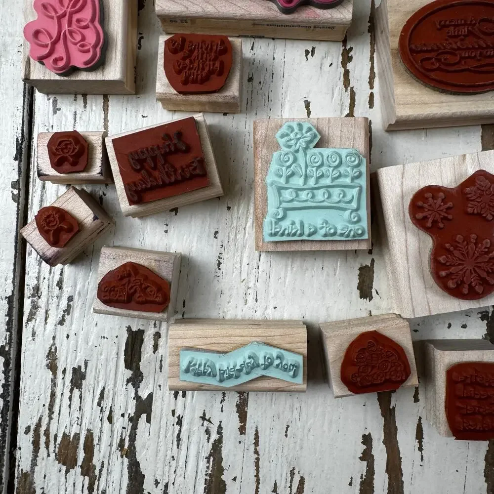 Wooden Rubber Stamps Bundle Lot of 23 Holiday and Birthday Seasonal Stamping